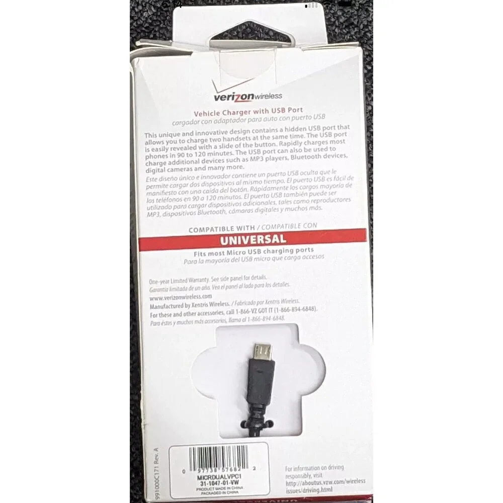 Verizon Wireless Vehicle Charger w/USB Port Universal Charge 2 Phones at Once